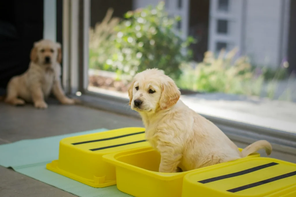 A golden retriever puppy sits inside a yellow plastic container indoors, while another puppy is visible in the blurry background.