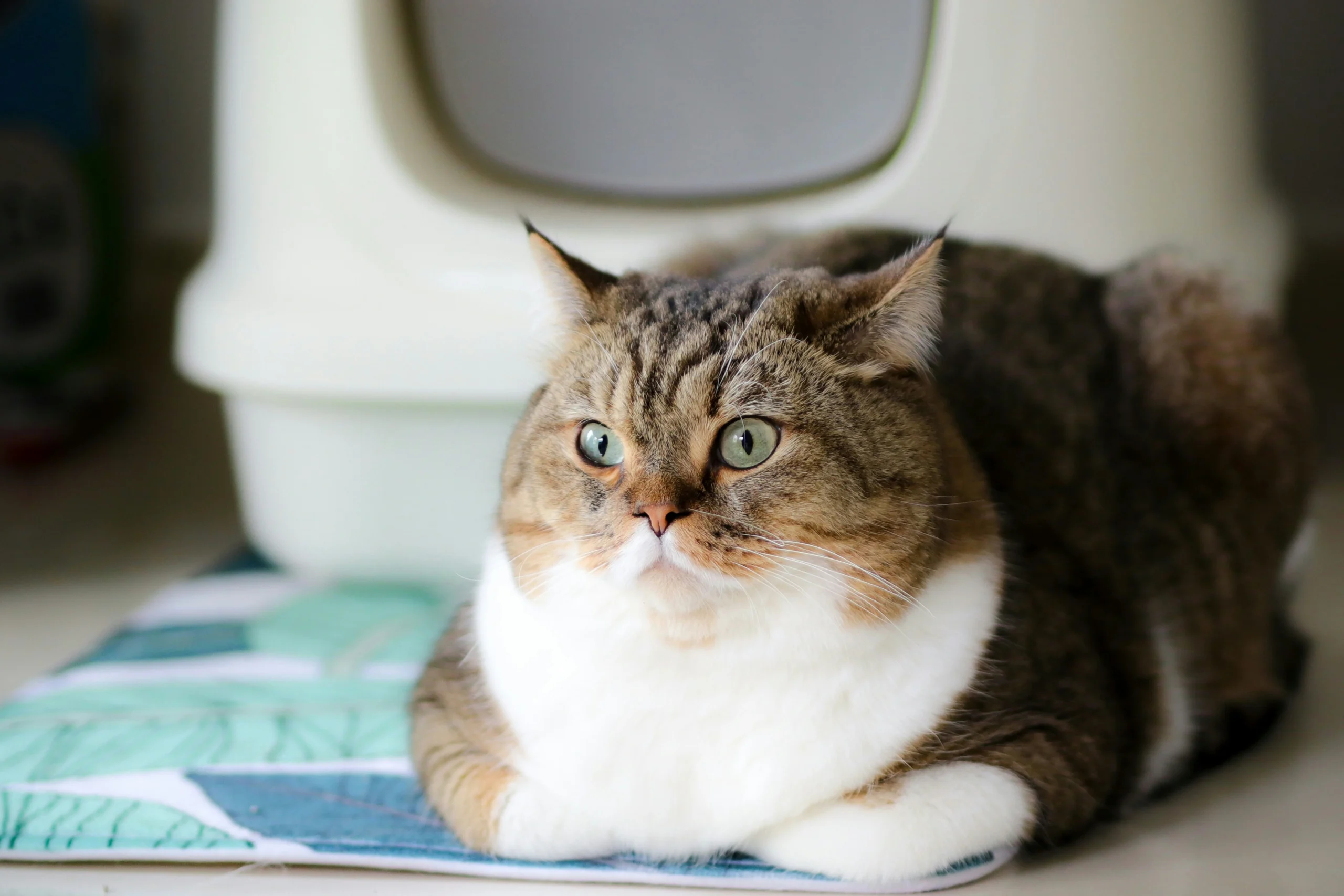 A chubby brown tabby cat sits on a leaf-patterned mat.